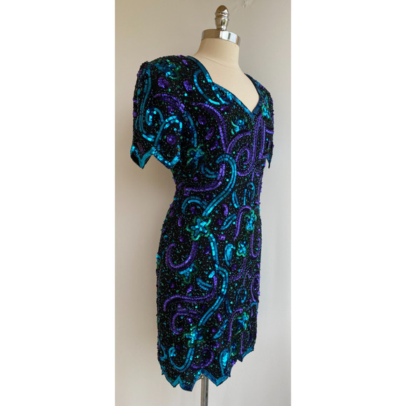 Vintage Retro 1980's Lawrence Kazar Fully Sequinned Evening Dress size Large - Picture 6 of 14